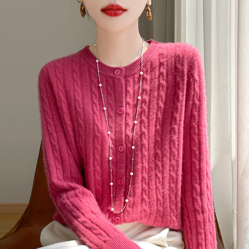 Spring and Autumn Round Neck Sweater Women's 2025 New Single-Breasted Jacket Solid Color Twist Cardigan Western Style Sweater Outerwear