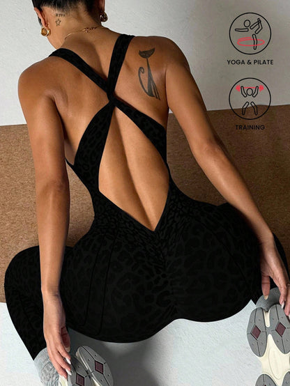 Popular Yoga Jumpsuit with Open Back and Cross-Tie Design, High-Elastic Tight-Fitting Sports Yoga Jumpsuit for Women