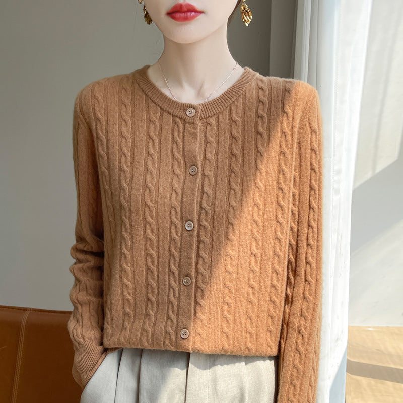 Spring and Autumn Round Neck Sweater Women's 2025 New Single-Breasted Jacket Solid Color Twist Cardigan Western Style Sweater Outerwear