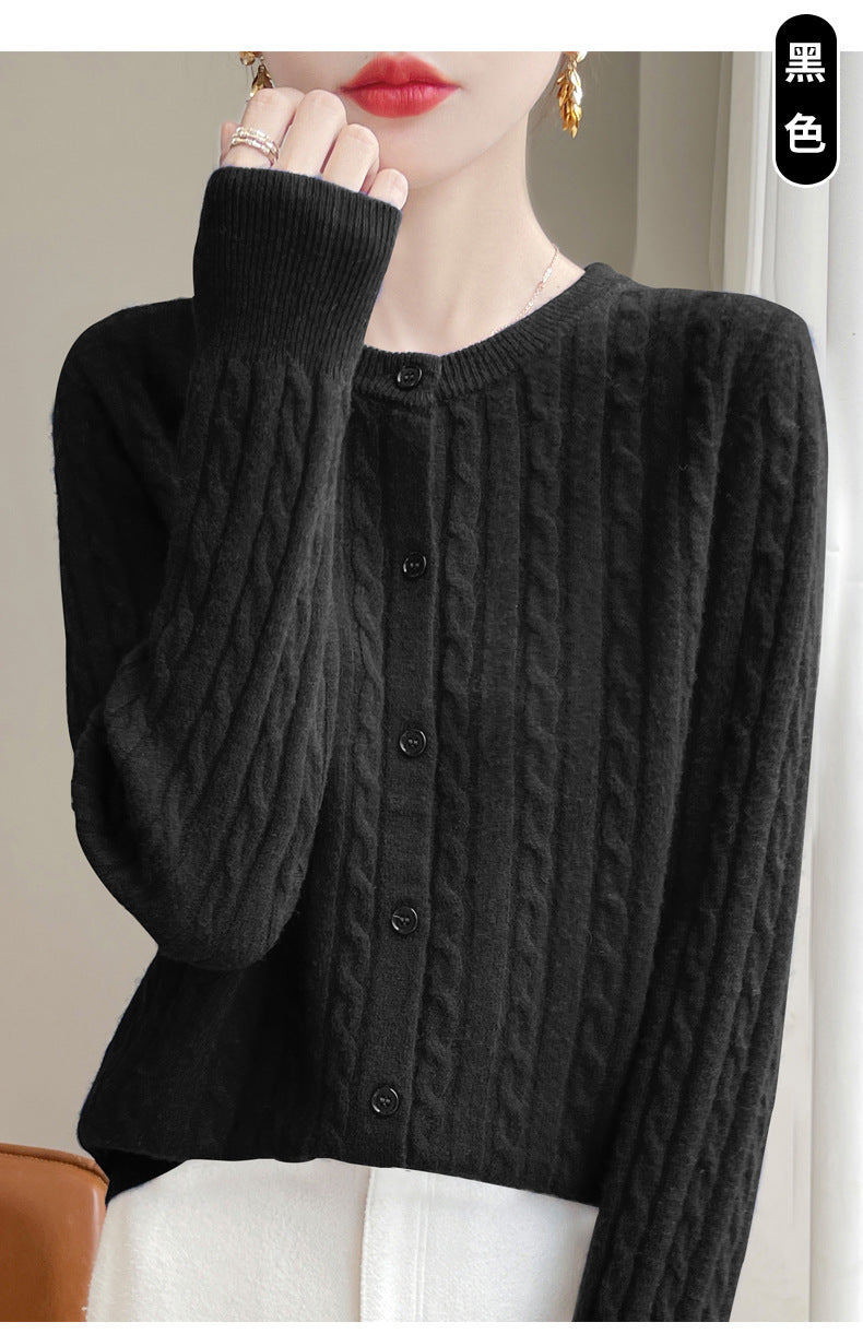 Spring and Autumn Round Neck Sweater Women's 2025 New Single-Breasted Jacket Solid Color Twist Cardigan Western Style Sweater Outerwear