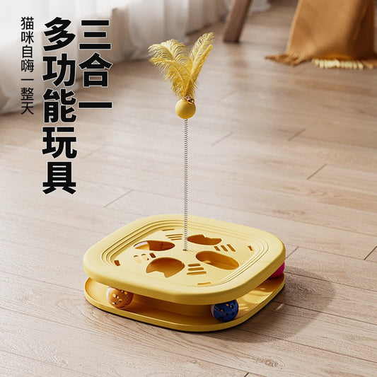 Cat Toy Interactive Play Tray Self-Entertainment Boredom-Relief Cat Toy Feather Bell Cat Teaser Stick Pet Educational Toy