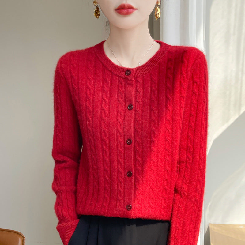 Spring and Autumn Round Neck Sweater Women's 2025 New Single-Breasted Jacket Solid Color Twist Cardigan Western Style Sweater Outerwear