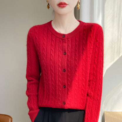 Spring and Autumn Round Neck Sweater Women's 2025 New Single-Breasted Jacket Solid Color Twist Cardigan Western Style Sweater Outerwear