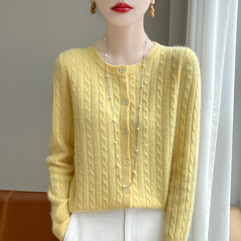 Spring and Autumn Round Neck Sweater Women's 2025 New Single-Breasted Jacket Solid Color Twist Cardigan Western Style Sweater Outerwear