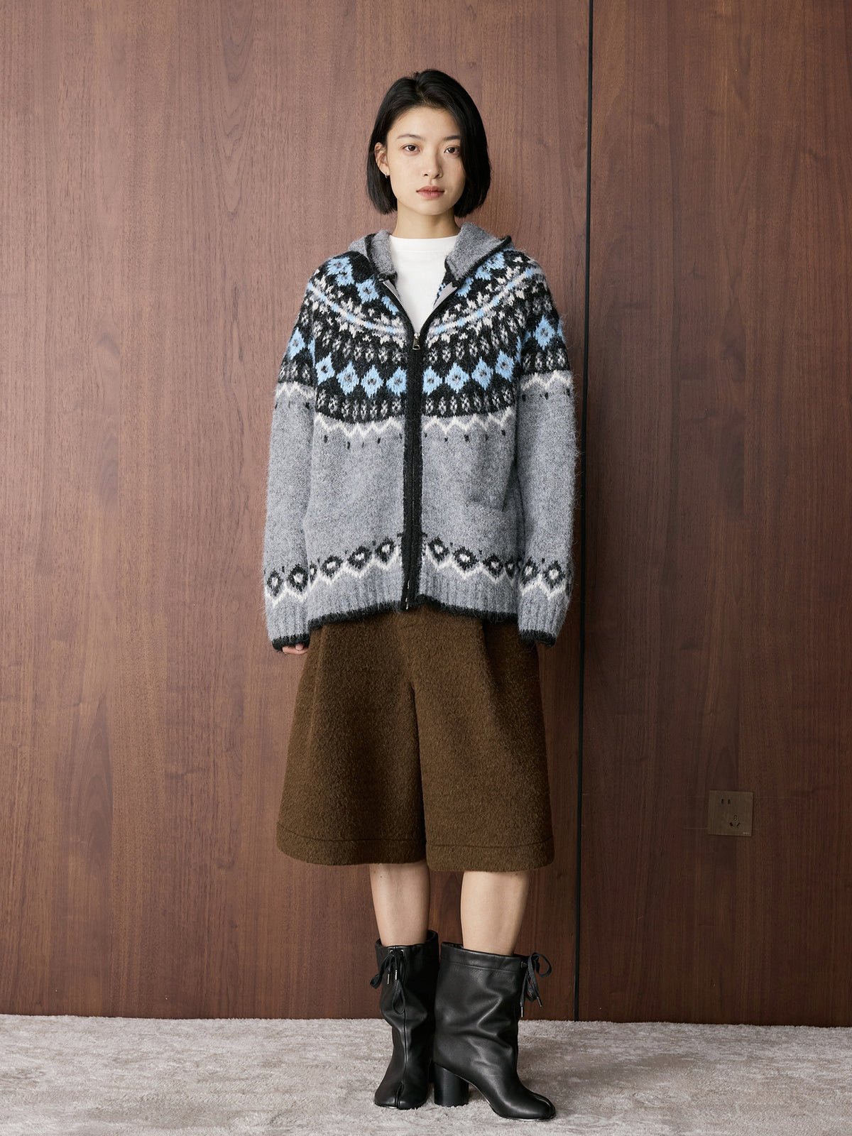 Louvre Winter New Korean Style Retro Lazy Style Jacquard Hooded Knitted Wool Sweater Loose Warm Top for Women