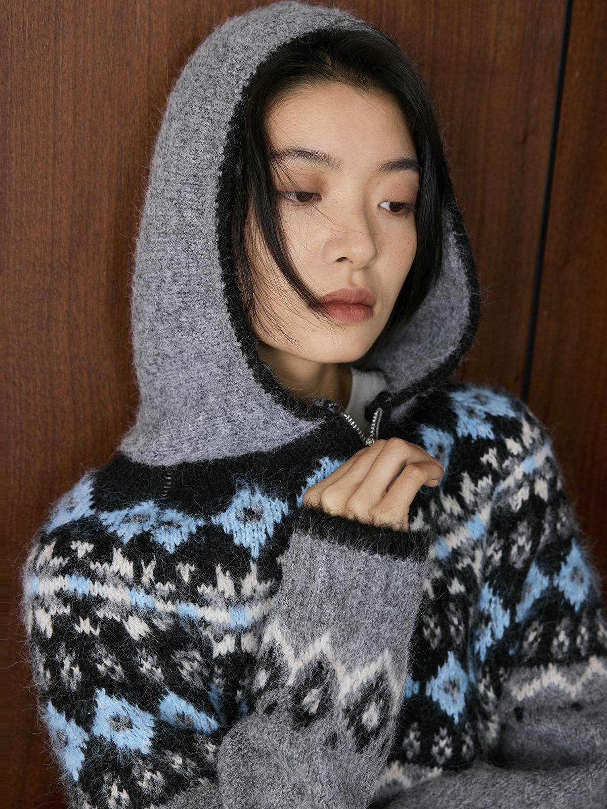 Louvre Winter New Korean Style Retro Lazy Style Jacquard Hooded Knitted Wool Sweater Loose Warm Top for Women