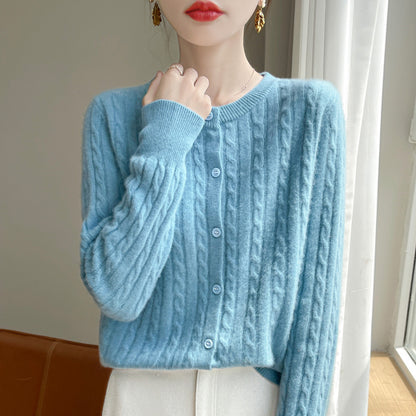 Spring and Autumn Round Neck Sweater Women's 2025 New Single-Breasted Jacket Solid Color Twist Cardigan Western Style Sweater Outerwear