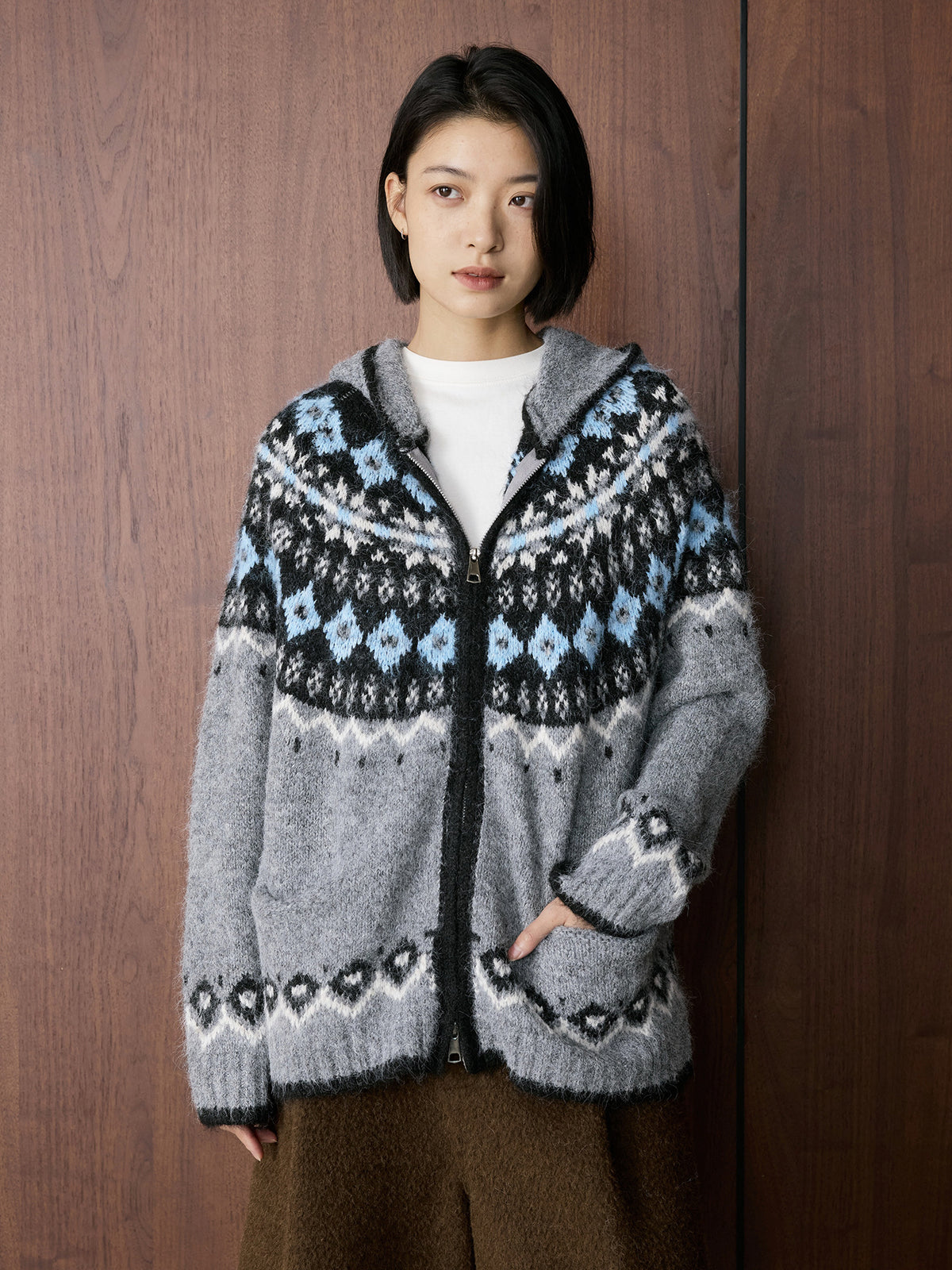 Louvre Winter New Korean Style Retro Lazy Style Jacquard Hooded Knitted Wool Sweater Loose Warm Top for Women