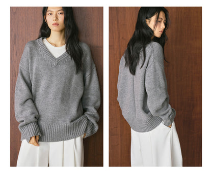 Louvre Winter New French Simple Lazy Wool V Neck Sweater Loose Silhouette Thick Elegant Top for Women
