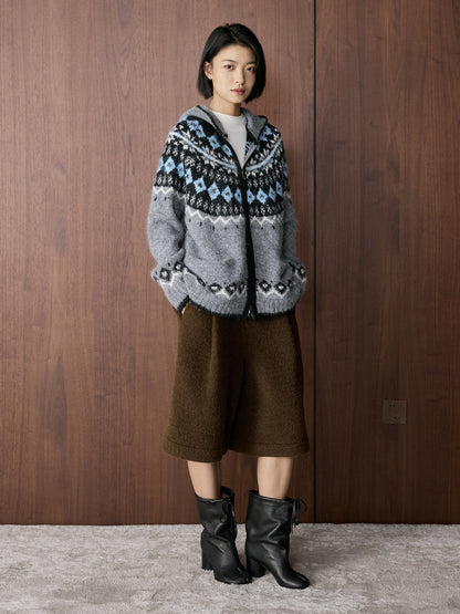 Louvre Winter New Korean Style Retro Lazy Style Jacquard Hooded Knitted Wool Sweater Loose Warm Top for Women