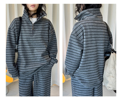 Louvre Winter New Korean Retro Lazy Style Contrasting Stripesd High-Neck Zipper Sweatshirt Warm and Comfortable Top for Women