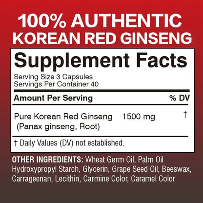 Korean Red Panax Ginseng Capsules - Supports Overall Health & Performance, Improves Mental Focus and Vitality, and Boosts Energy