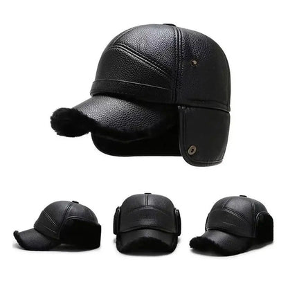 Leather Hat Winter Waterproof Thicken Earmuffs Warm Russian Ski Hat Windproof Cold Flat Cap For Elder Men Women Essential Winter