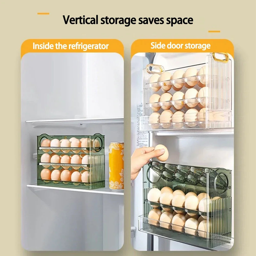 Kitchen Large Capacity Egg Fridge Storage Box - Portable Multi-Layer Egg Tray Organizer, Auto Opening/Closing Egg Holder