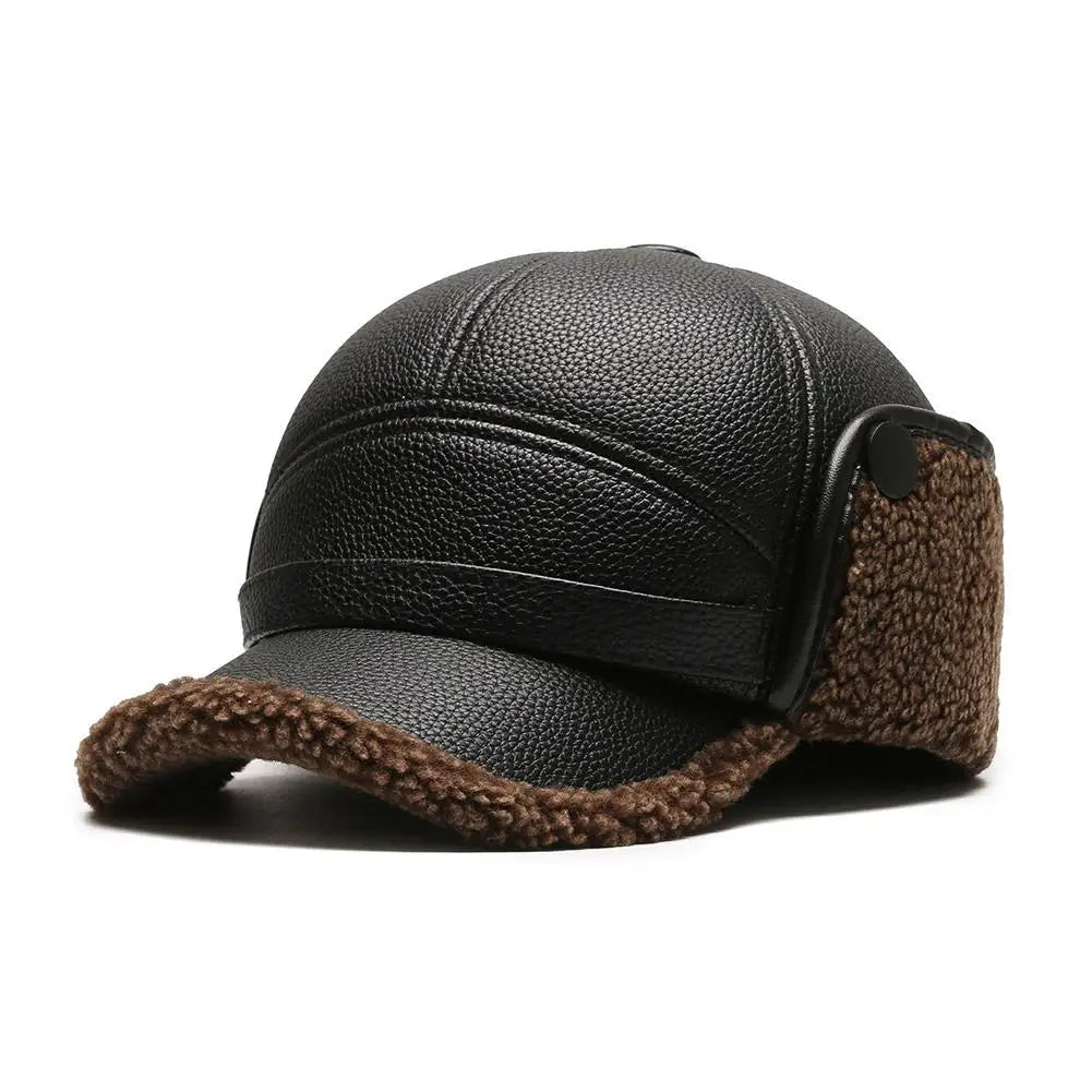 Leather Hat Winter Waterproof Thicken Earmuffs Warm Russian Ski Hat Windproof Cold Flat Cap For Elder Men Women Essential Winter
