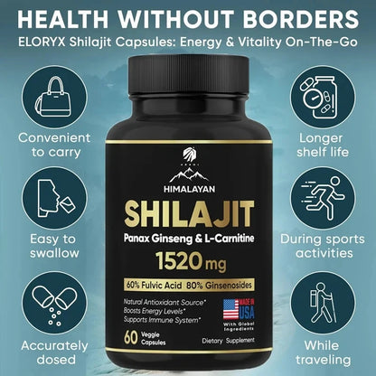 Pure Himalayan Shilajit Supplement 60 Capsules 60% Fulvic Acid 85 Trace Minerals Containing Ginseng and L-Carnitine