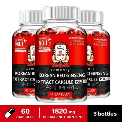 Korean Red Ginseng Supplement - Supports Brain Function and Immune Health, Boosts Energy Production, Relieves Stress, Non-GMO