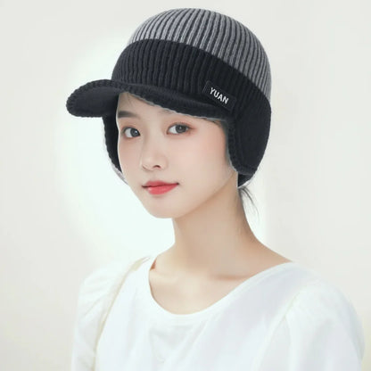 Men Thermal Warm Knit Hat With Ear Protection & Visor Windproof Fleece Lined Winter Beanie Outdoor Ski Driving Coldproof Cap