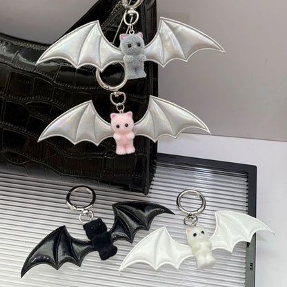 Cross border Sweet Cool Hot Girl Little Bear Wings KeychainBlack and WhiteBat BagPendant MobilePhoneHanger Halloween Accessories