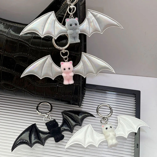 Cross border Sweet Cool Hot Girl Little Bear Wings KeychainBlack and WhiteBat BagPendant MobilePhoneHanger Halloween Accessories