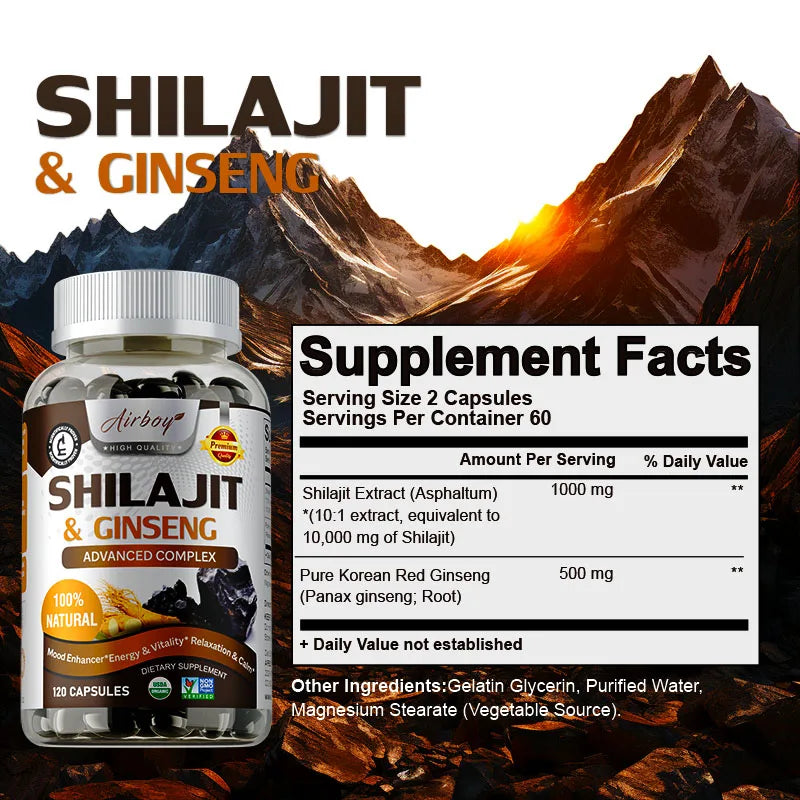 Shilajit & Ginseng - Energy & Vitality Support, Improve Mental Clarity, Immune Support, Increase Endurance, Muscle Growth