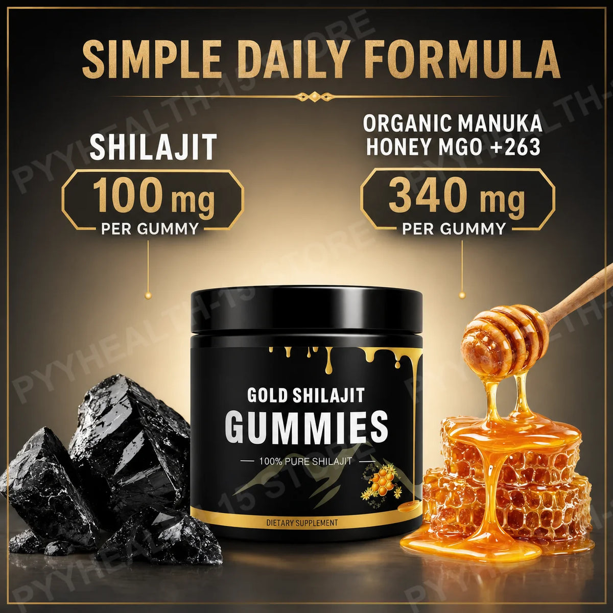 Shilajit Gummies with Manuka Honey, Endurance, Focus and Vitality Support,100 mg per Gummy, 30 Count Daily Formula for Energy