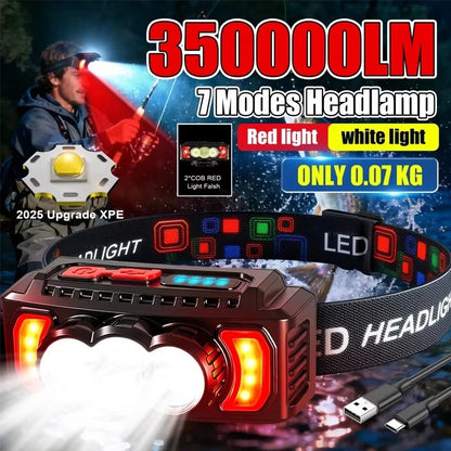 70g Ultra Light Headlamp 7 Modes XPE+LED+COB Red Light 0°-180° Adjustable Type-C Rechargeable Waterproof 2026 Upgrade