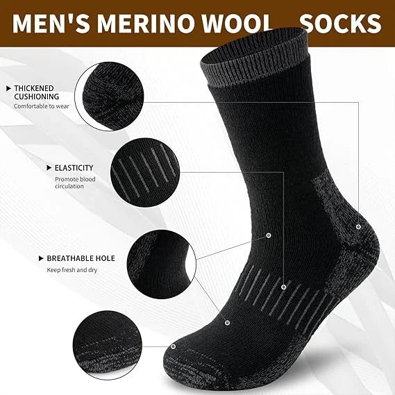 Merino Wool Thermal Socks, Suitable for Both Men and Women, 3 Pairs of Fully Cushioned Winter Boot Socks, Ideal for Hiking and Working in Cold Weather