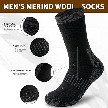 Merino Wool Thermal Socks, Suitable for Both Men and Women, 3 Pairs of Fully Cushioned Winter Boot Socks, Ideal for Hiking and Working in Cold Weather