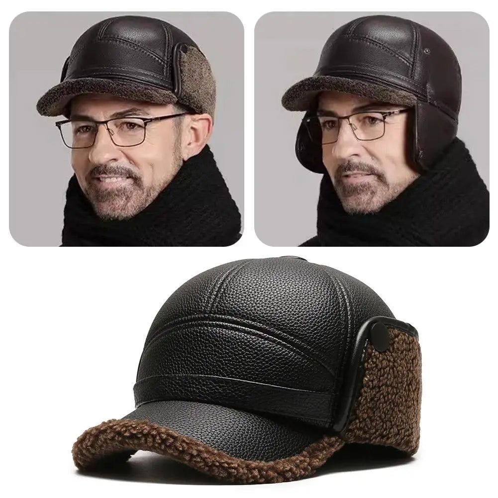 Leather Hat Winter Waterproof Thicken Earmuffs Warm Russian Ski Hat Windproof Cold Flat Cap For Elder Men Women Essential Winter