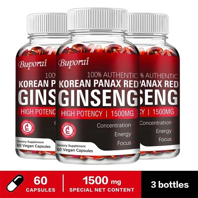 Korean Red Panax Ginseng Capsules - Increases Energy, Mood, Stamina & Performance Supports Mental Health