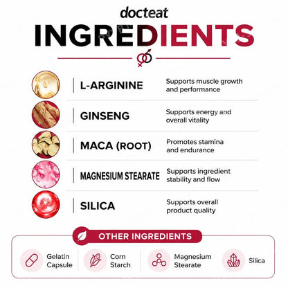 Docteat L-Arginine Ginseng Maca Capsules for Men, Energy Endurance Muscle Growth & Recovery Support, Gentle, 60 Capsules