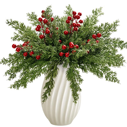 15pcs Artificial Pine Branches with Red Berry Stems Faux Christmas Greenery Pine Cypress DIY Craft Garland Home Christmas Decor