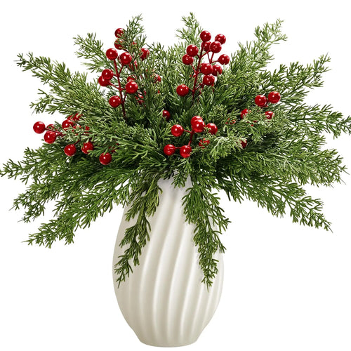 15pcs Artificial Pine Branches with Red Berry Stems Faux Christmas Greenery Pine Cypress DIY Craft Garland Home Christmas Decor