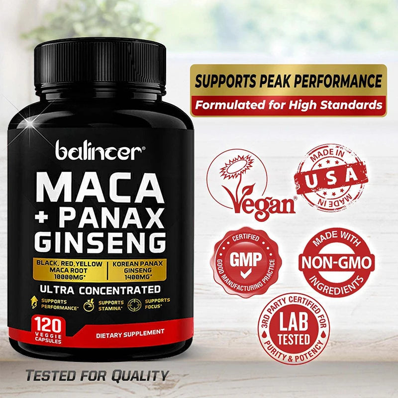 Maca & Ginseng Capsules 10000mg (Yellow+Red+Black) Extract, Strength, Endurance, Muscle Mass, Energy & Muscle Support