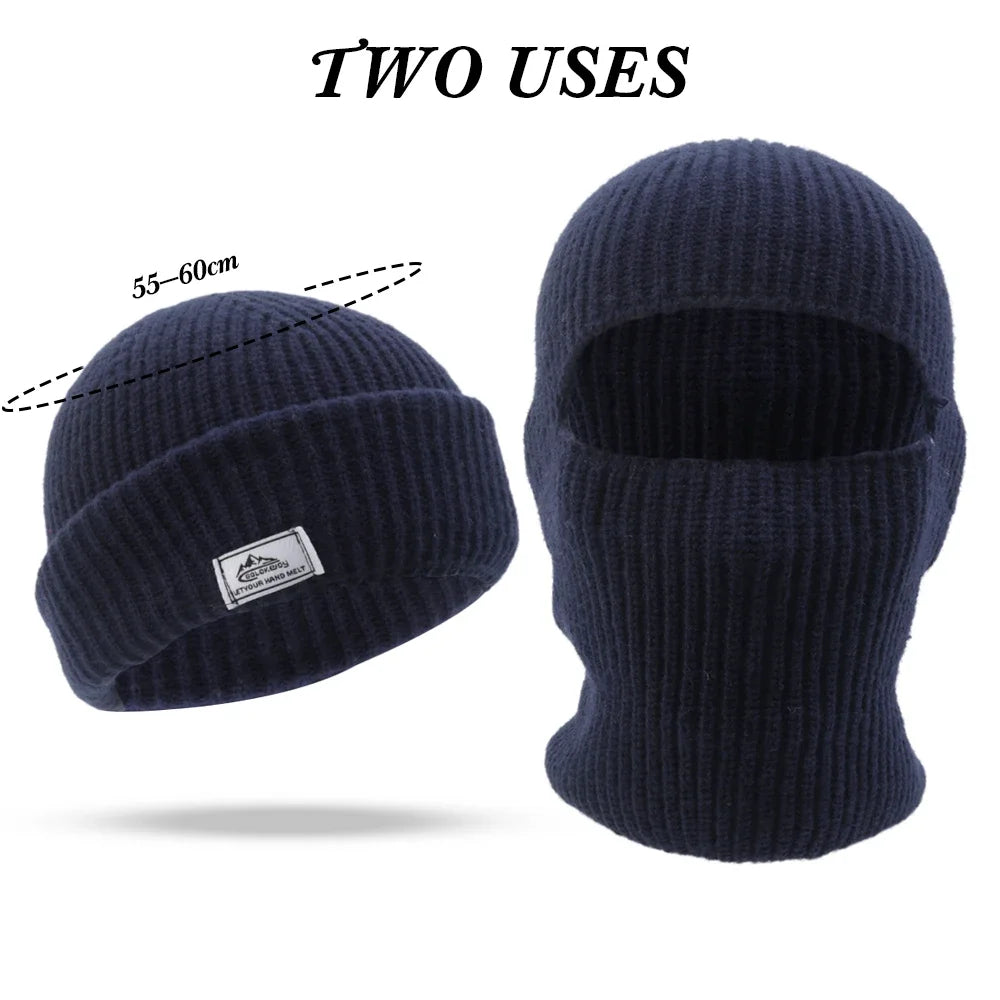 2 In1 Winter Mask Beanies Hats Warm Knitted Balaclava Hats Windproof Solid Full Face Ski Bonnet Tactical Cycling Earmuffs Cap