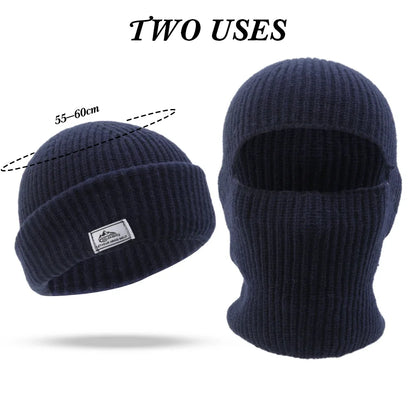2 In1 Winter Mask Beanies Hats Warm Knitted Balaclava Hats Windproof Solid Full Face Ski Bonnet Tactical Cycling Earmuffs Cap