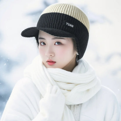 Men Thermal Warm Knit Hat With Ear Protection & Visor Windproof Fleece Lined Winter Beanie Outdoor Ski Driving Coldproof Cap