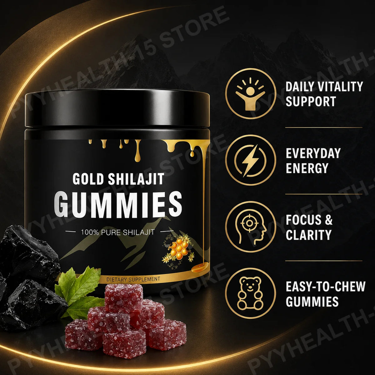 Shilajit Gummies with Manuka Honey, Endurance, Focus and Vitality Support,100 mg per Gummy, 30 Count Daily Formula for Energy