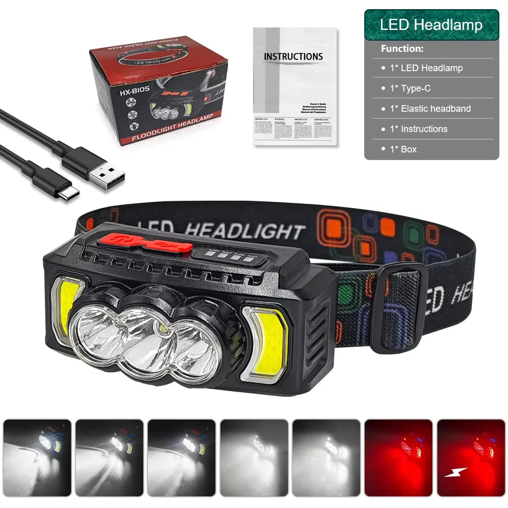70g Ultra Light Headlamp 7 Modes XPE+LED+COB Red Light 0°-180° Adjustable Type-C Rechargeable Waterproof 2026 Upgrade