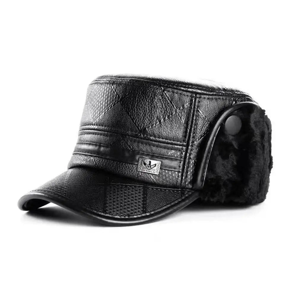 Leather Hat Winter Waterproof Thicken Earmuffs Warm Russian Ski Hat Windproof Cold Flat Cap For Elder Men Women Essential Winter
