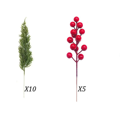15pcs Artificial Pine Branches with Red Berry Stems Faux Christmas Greenery Pine Cypress DIY Craft Garland Home Christmas Decor