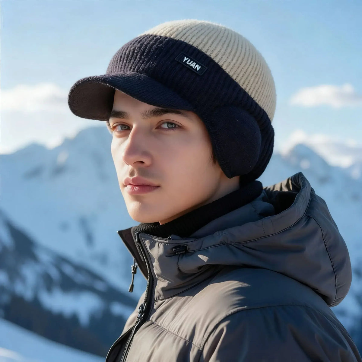 Men Thermal Warm Knit Hat With Ear Protection & Visor Windproof Fleece Lined Winter Beanie Outdoor Ski Driving Coldproof Cap
