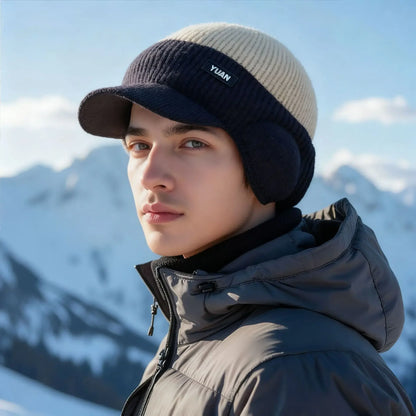 Men Thermal Warm Knit Hat With Ear Protection & Visor Windproof Fleece Lined Winter Beanie Outdoor Ski Driving Coldproof Cap