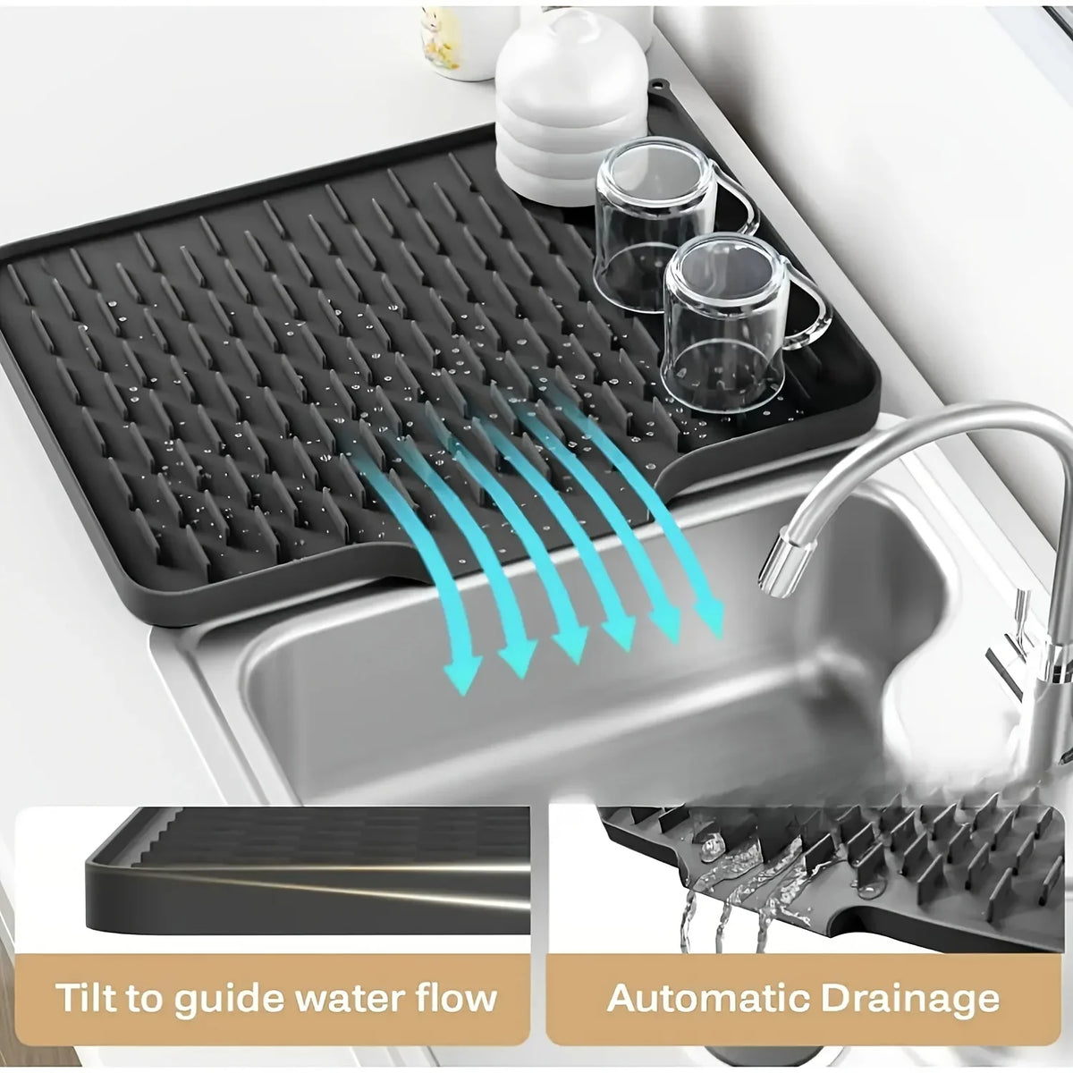Kitchen Silicone Drain Mat with Built-in Drainage Design, Easy to Clean, Suitable for Countertops, Sinks, Refrigerators