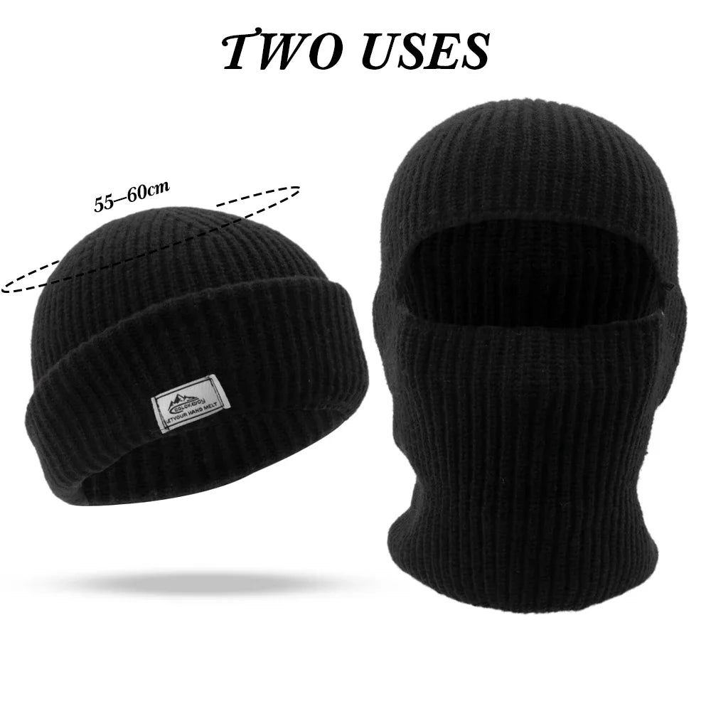 2 In1 Winter Mask Beanies Hats Warm Knitted Balaclava Hats Windproof Solid Full Face Ski Bonnet Tactical Cycling Earmuffs Cap