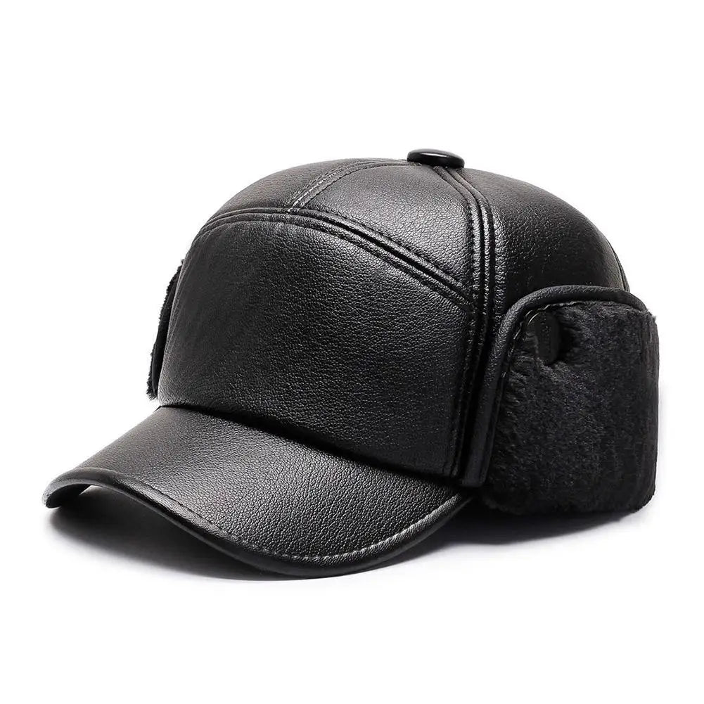 Leather Hat Winter Waterproof Thicken Earmuffs Warm Russian Ski Hat Windproof Cold Flat Cap For Elder Men Women Essential Winter
