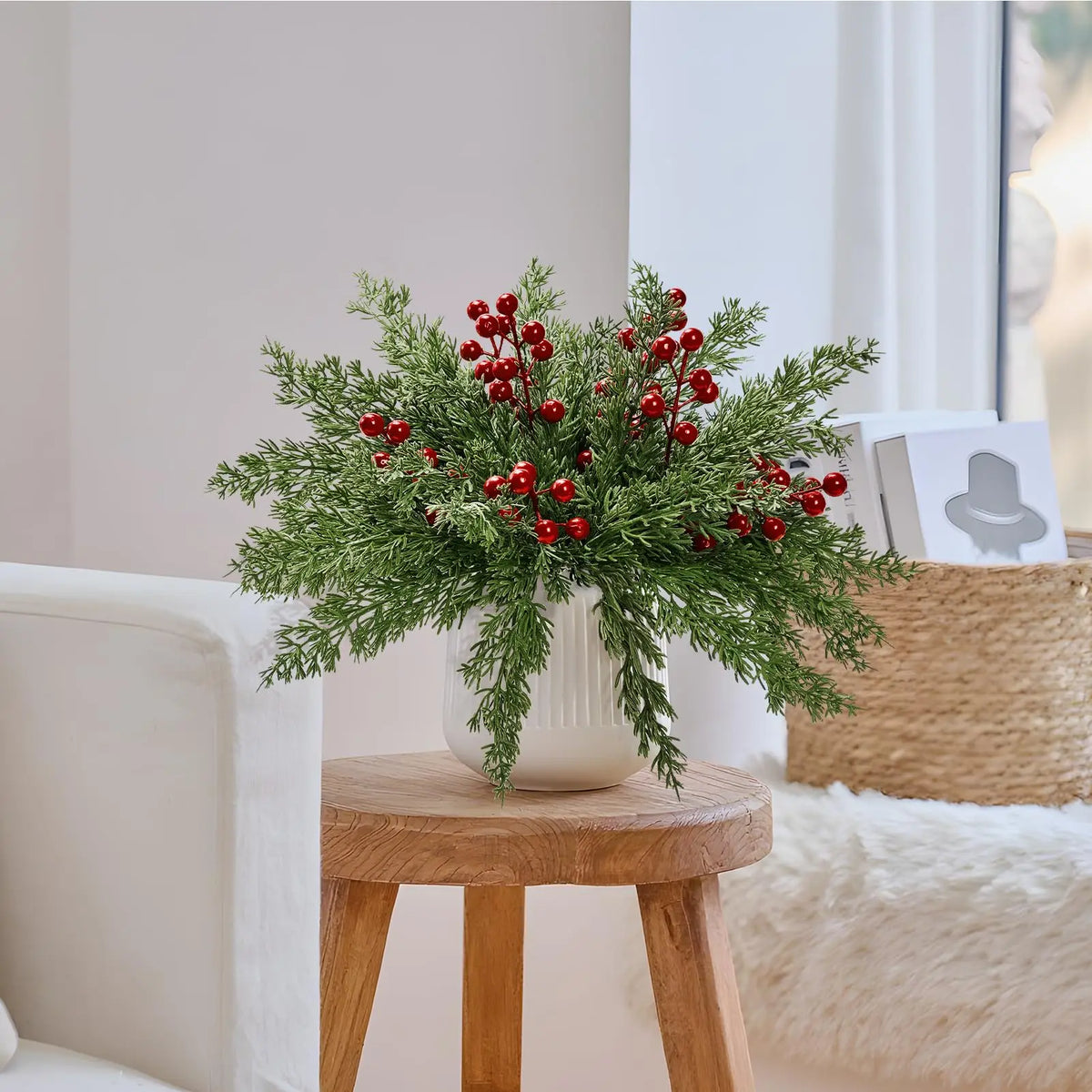 15pcs Artificial Pine Branches with Red Berry Stems Faux Christmas Greenery Pine Cypress DIY Craft Garland Home Christmas Decor