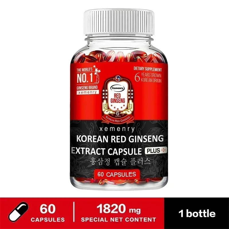 Korean Red Ginseng Supplement - Supports Brain Function and Immune Health, Boosts Energy Production, Relieves Stress, Non-GMO