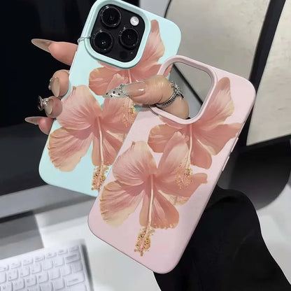 Pink Hibiscus Elegant High Aesthetic Phone Case For iPhone 16 Pro Max 15 14 13 12 11 16 15 14 Plus Anti-Drop Protective Cover